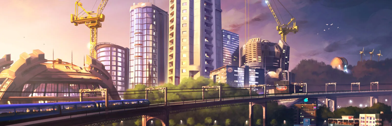 Horizonte de uma grande cidade construída em Cities: Skylines