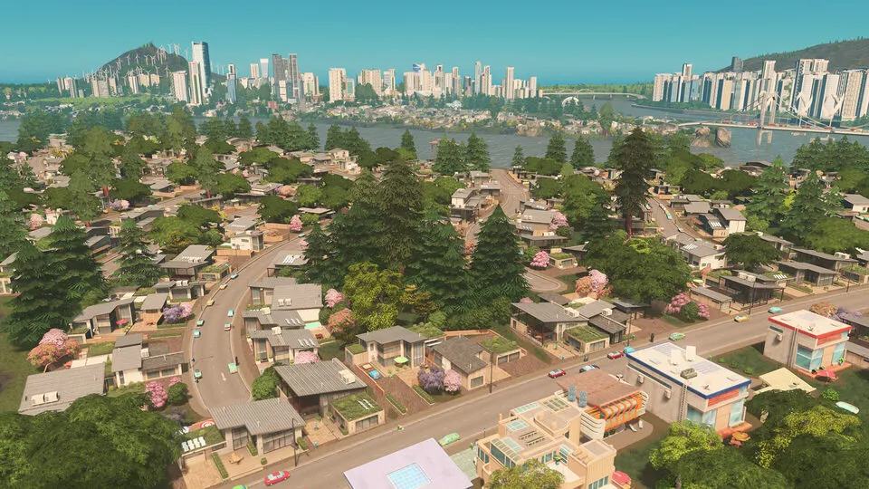 Cruzamento de estradas com tráfego intenso em Cities: Skylines