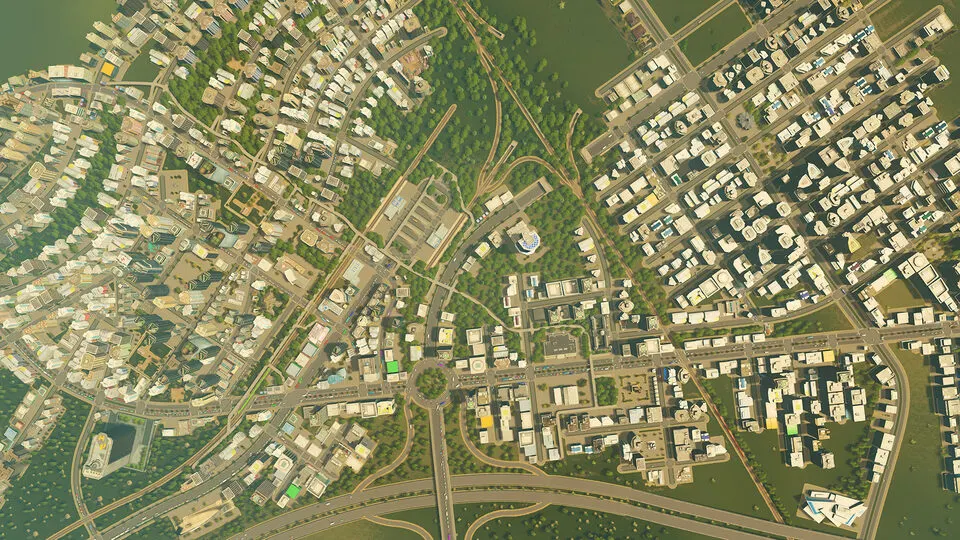 Vista aérea de zonamento residencial, comercial e industrial em Cities: Skylines